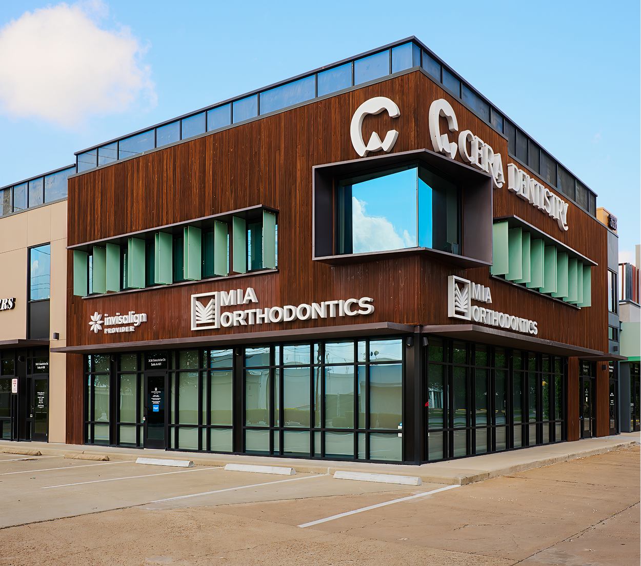 Exterior view of Mia Orthodontics clinic with modern design and signage.